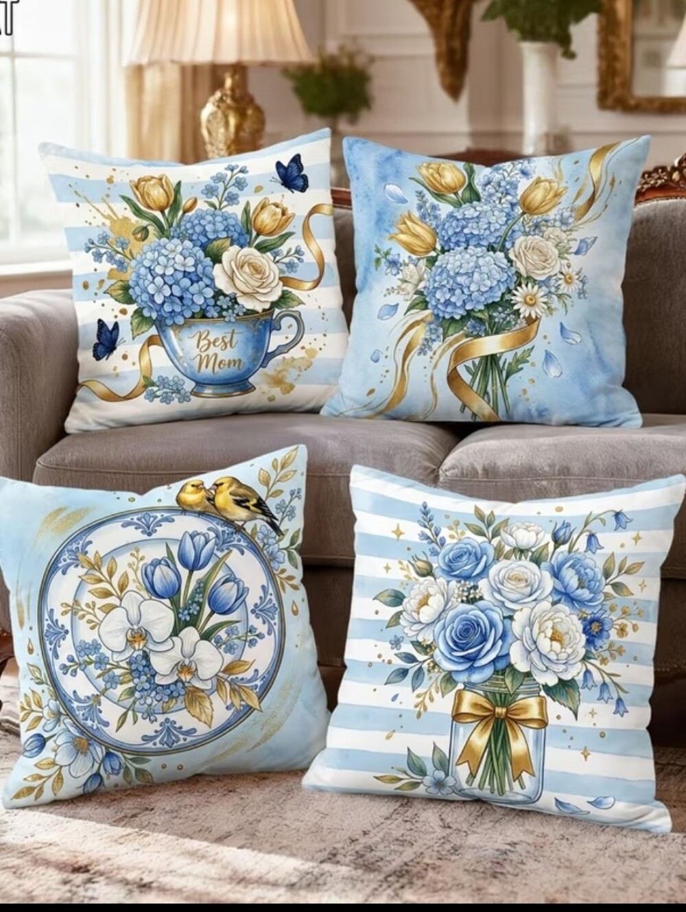 4 Piece Blue Spring Floral Pillow Covers. 18" X 18". NO INSERTS INCLUDED.